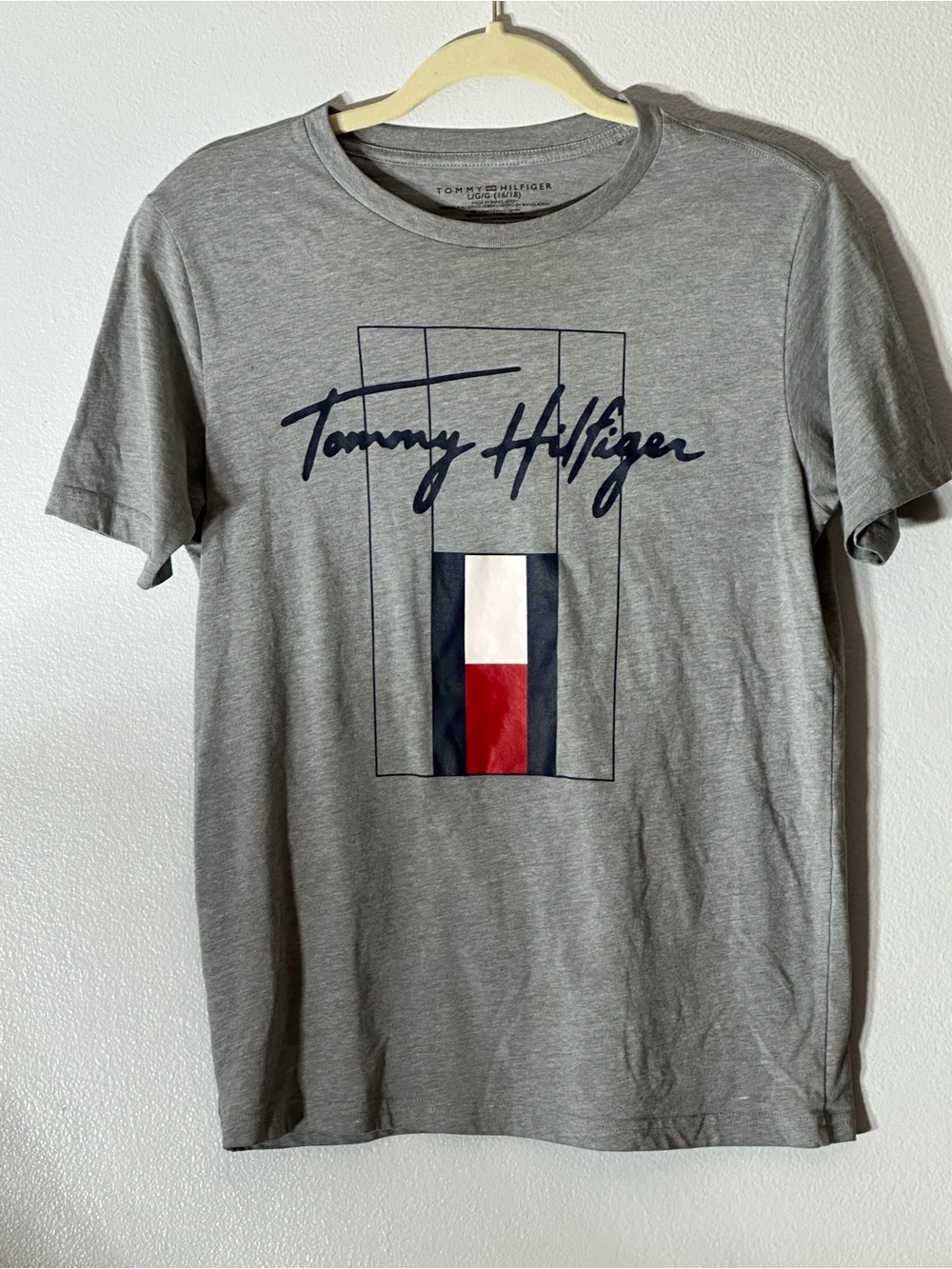 Tommy Hilfiger Gray Tee with Navy, White & Red Flag Graphic